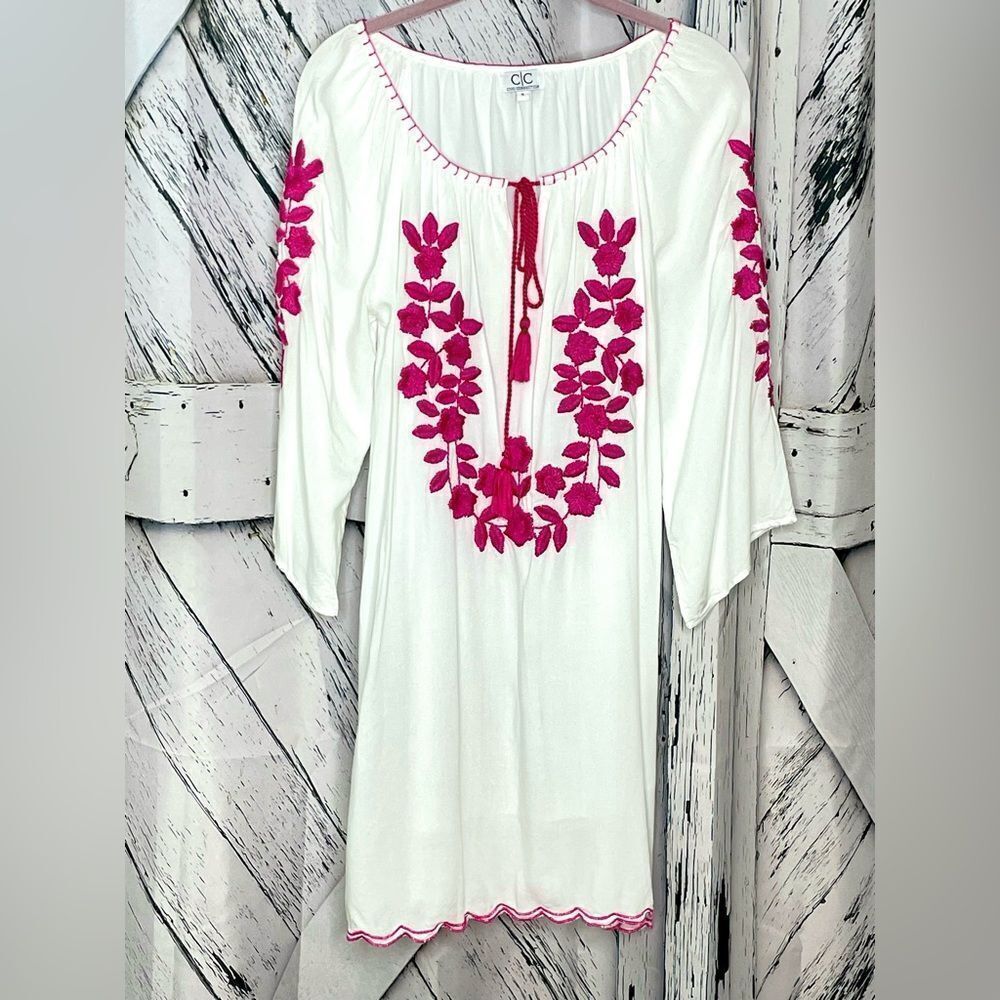 Chic Connection Embroidered Dress Boho Tassel Ties White Pink S